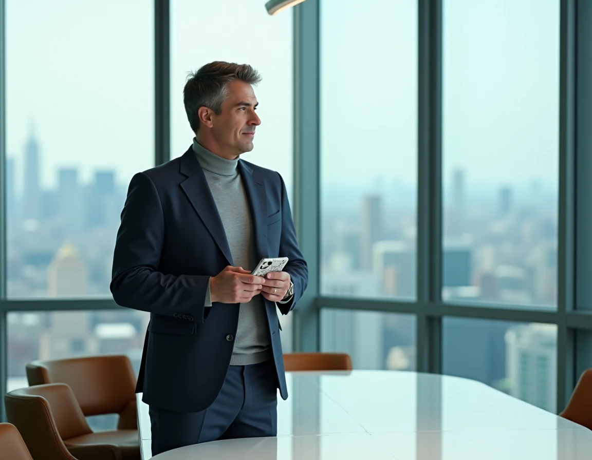 Homme en blazer posant son smartphone avec une coque marbre sur une table de réunion dans un bureau corporate