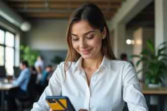 Femme professionnelle tenant un smartphone avec une coque originale géométrique colorée dans un bureau moderne
