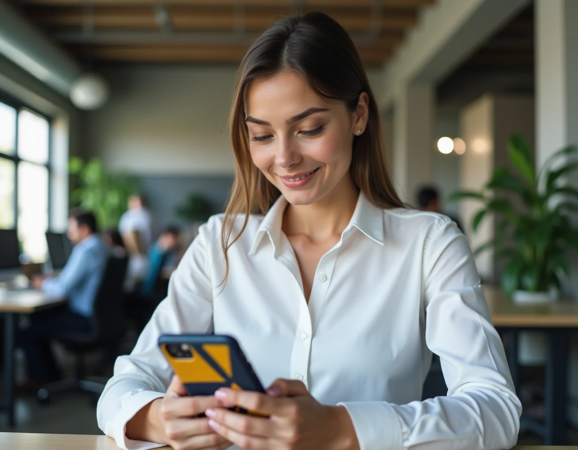 Femme professionnelle tenant un smartphone avec une coque originale géométrique colorée dans un bureau moderne