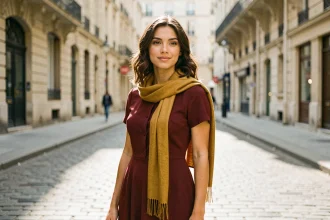 Femme à la carnation olive portant une robe rouge bordeaux avec un foulard jaune moutarde dans une rue parisienne