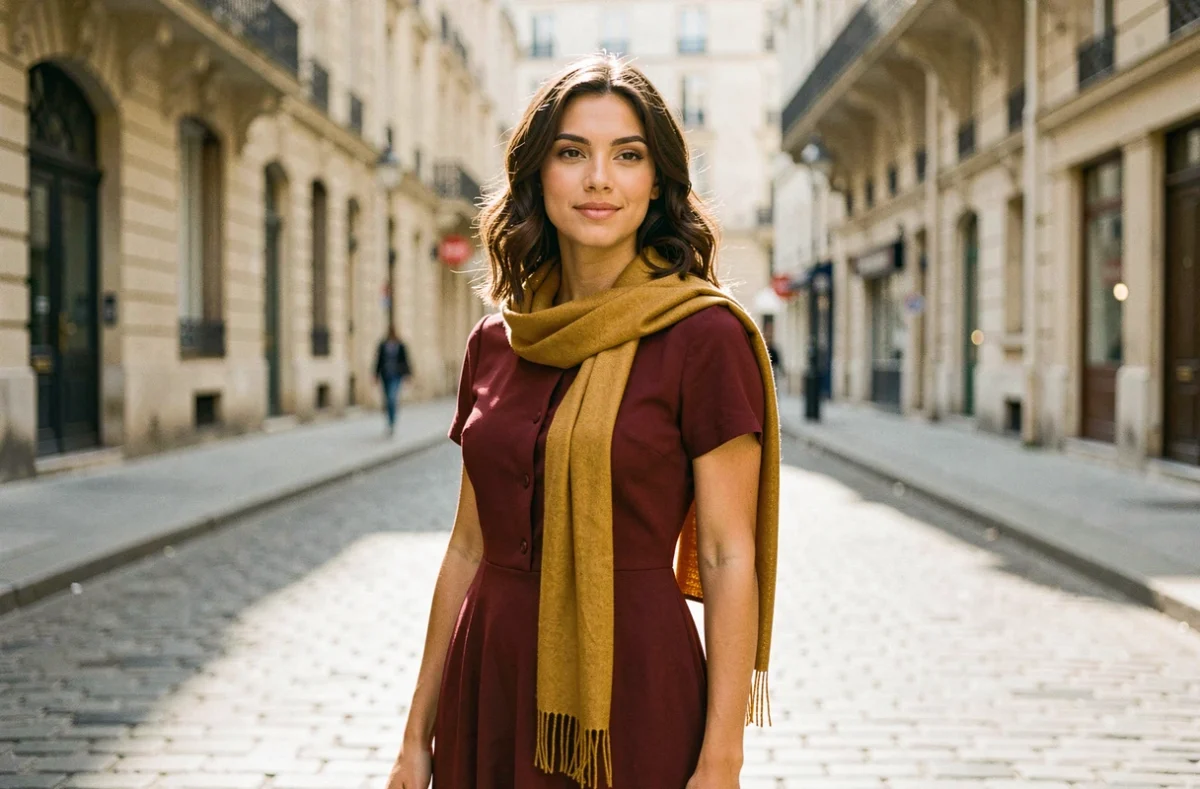 Femme à la carnation olive portant une robe rouge bordeaux avec un foulard jaune moutarde dans une rue parisienne