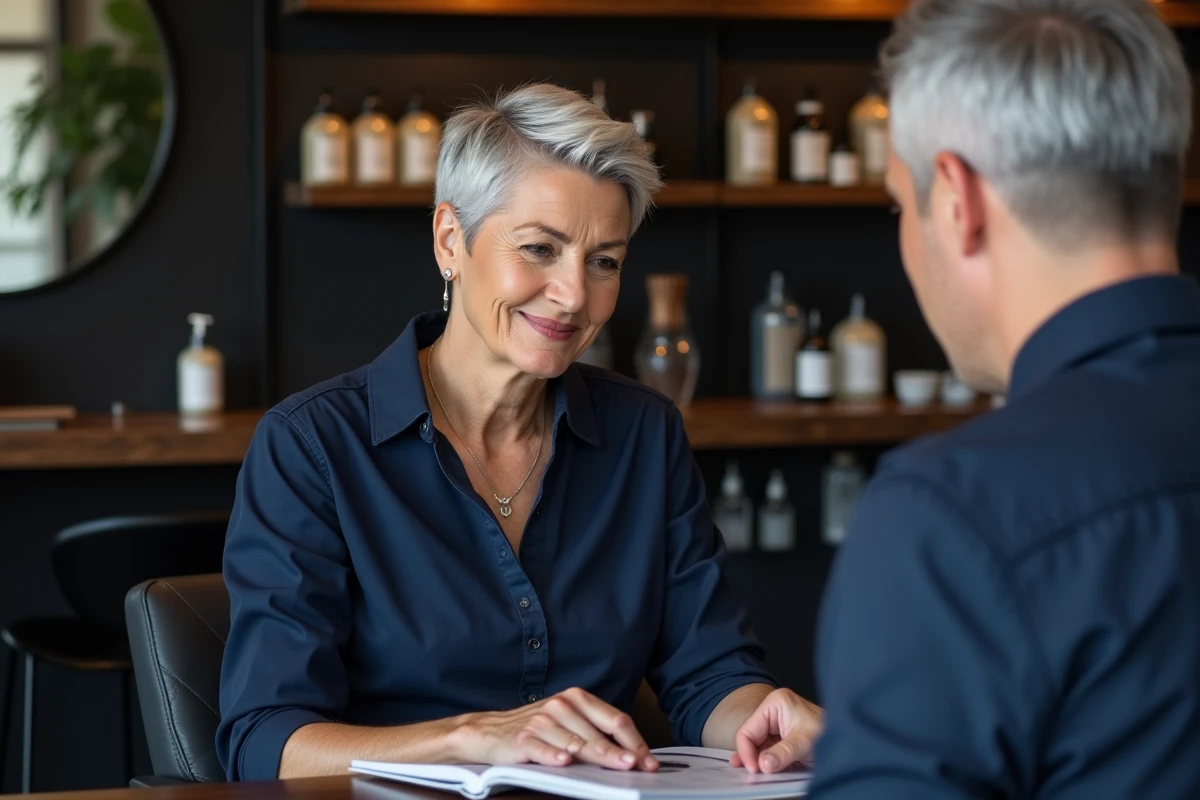 Femme aux cheveux courts en dégradé gris-blanc dans un salon de coiffure moderne français, consultante une styliste pour une coupe 2026