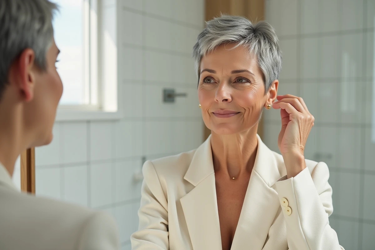 Femme de 58 ans avec une coupe pixie courte en transition cheveux blancs, assise devant un miroir dans une salle de bain scandinave