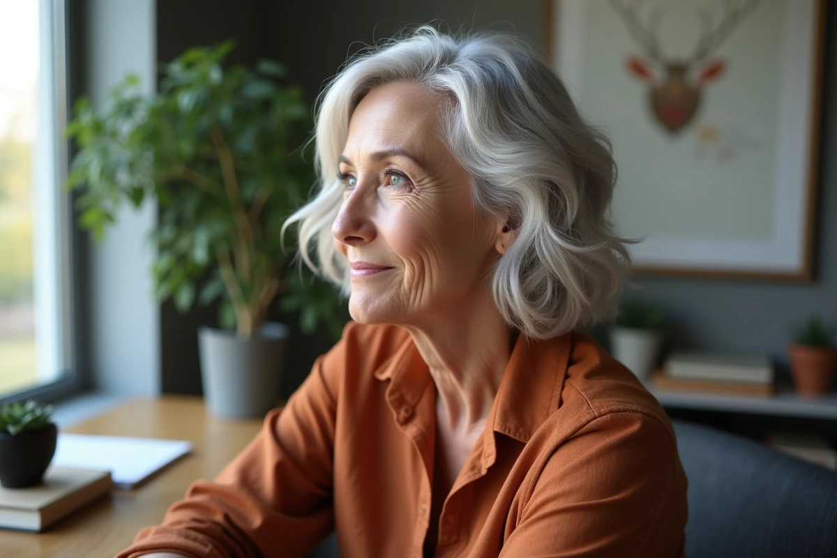 Femme de 57 ans avec une coupe shag courte aux cheveux entièrement blancs et argentés, assise dans un bureau à domicile contemporain