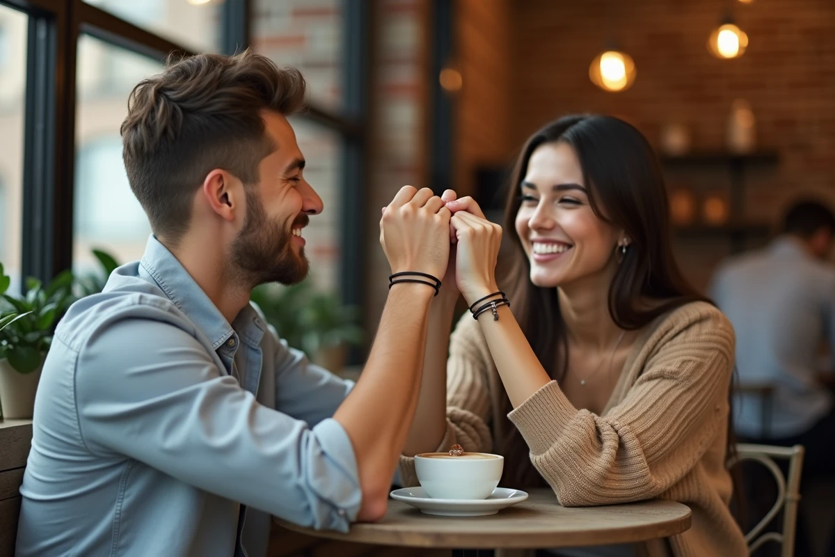 Couple de jeunes adultes dans un café montrant leurs bracelets assortis minimalistes en cuir avec charm partagé
