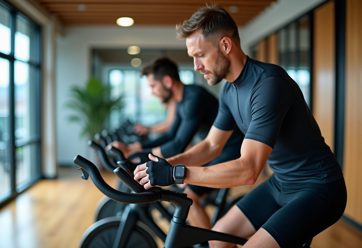 Homme cycliste ajustant son gant connecté dans la salle
