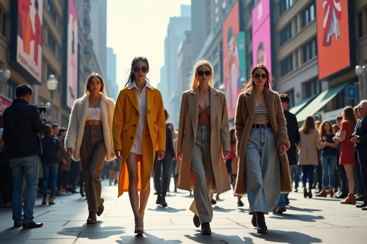 Models défilant dans la rue lors de la fashion week