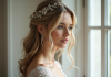 Femme avec cheveux ondulés et accessoires de mariage
