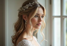 Femme avec cheveux ondulés et accessoires de mariage
