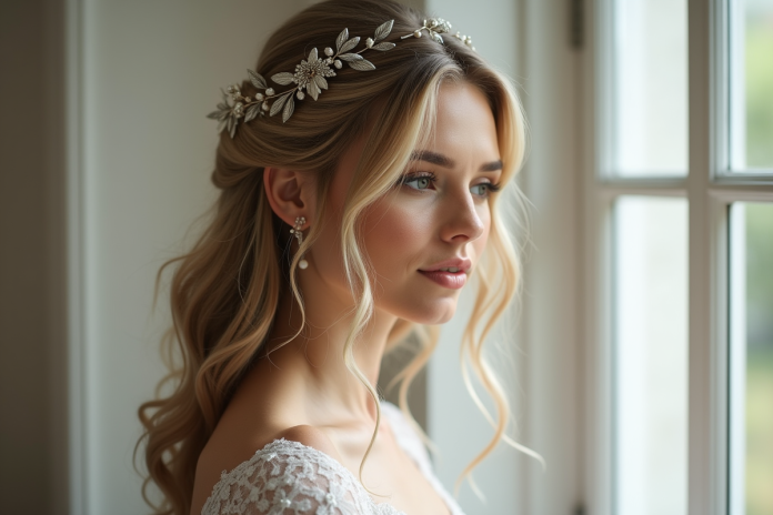 Femme avec cheveux ondulés et accessoires de mariage