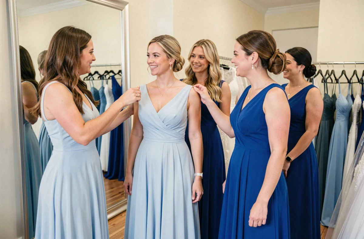 Groupe de demoiselles d'honneur en robes bleues assorties dans une boutique de mariée, comparant différentes nuances de bleu pastel et bleu roi devant un miroir