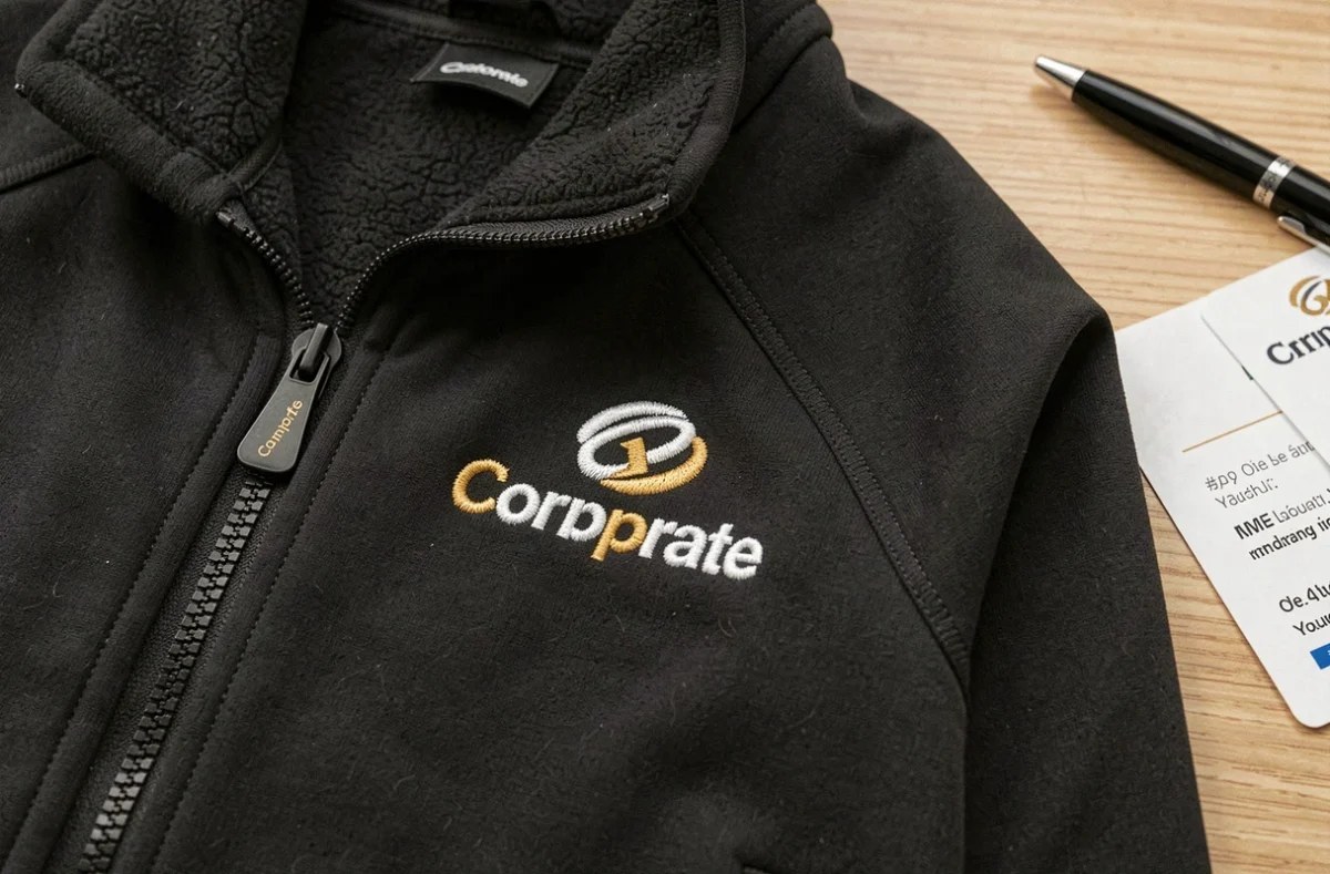 Gros plan sur la broderie du logo corporate sur une softshell noire personnalisée posée sur une surface en bois
