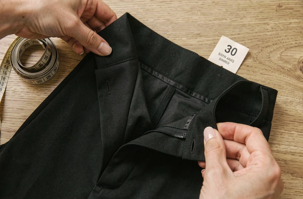 Gros plan sur un pantalon taille 30 posé à plat avec un mètre ruban, montrant les détails de couture et l'étiquette de taille