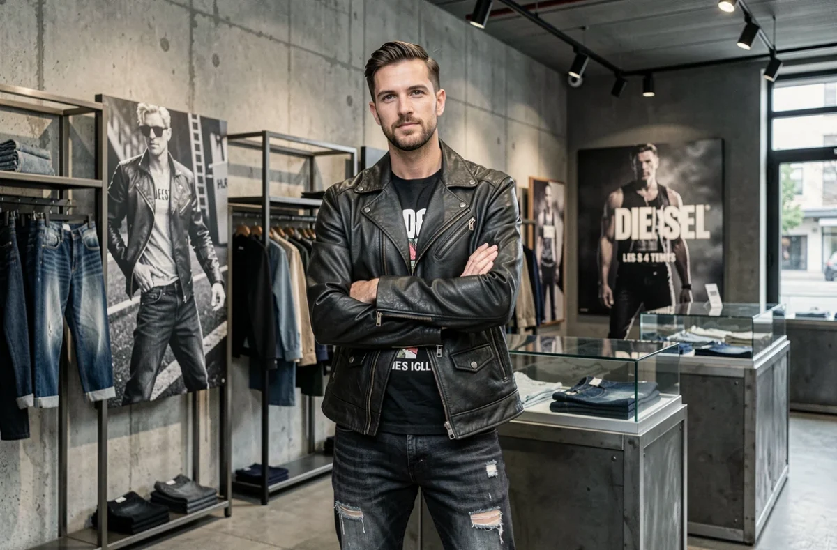 Homme en jeans et veste en cuir Diesel posant dans la boutique Diesel des 4 Temps à La Défense, avec une décoration intérieure industrielle en fond