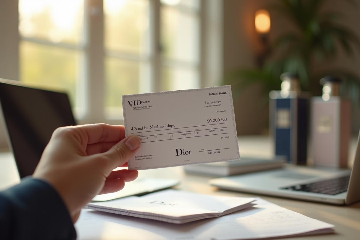 Main tenant une enveloppe de salaire Dior dans un espace chic