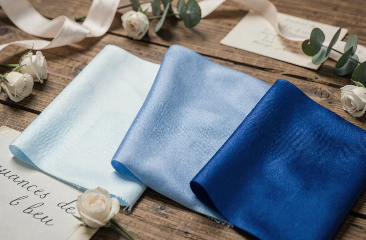 Échantillons de tissu en bleu pastel, bleu pervenche et bleu roi disposés en flat lay avec des fleurs séchées pour harmoniser des tenues de mariage