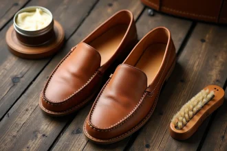 Babouches homme en cuir naturel posées sur une surface en bois avec un produit d'entretien et une brosse douce