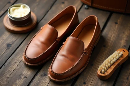 Babouches homme en cuir naturel posées sur une surface en bois avec un produit d'entretien et une brosse douce