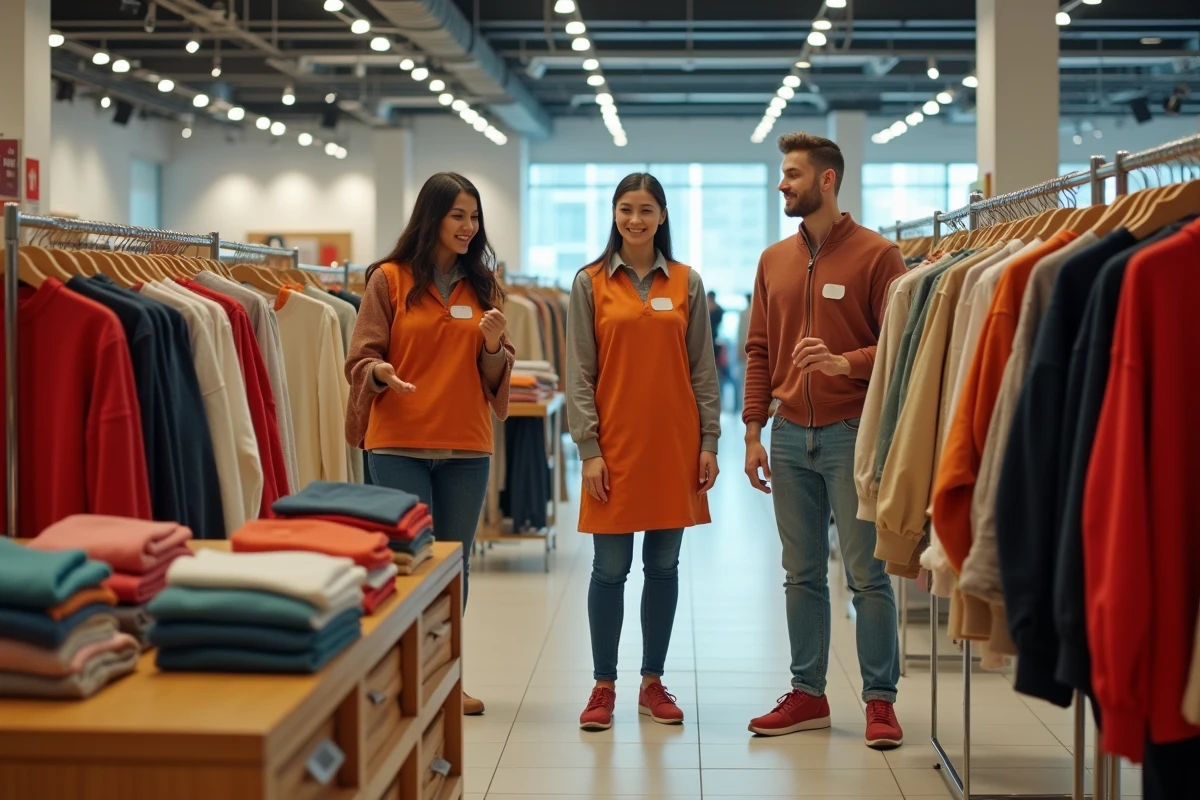Groupe de jeunes employés H&M sans expérience préalable en mode arrangeant des vêtements en magasin avant l'ouverture