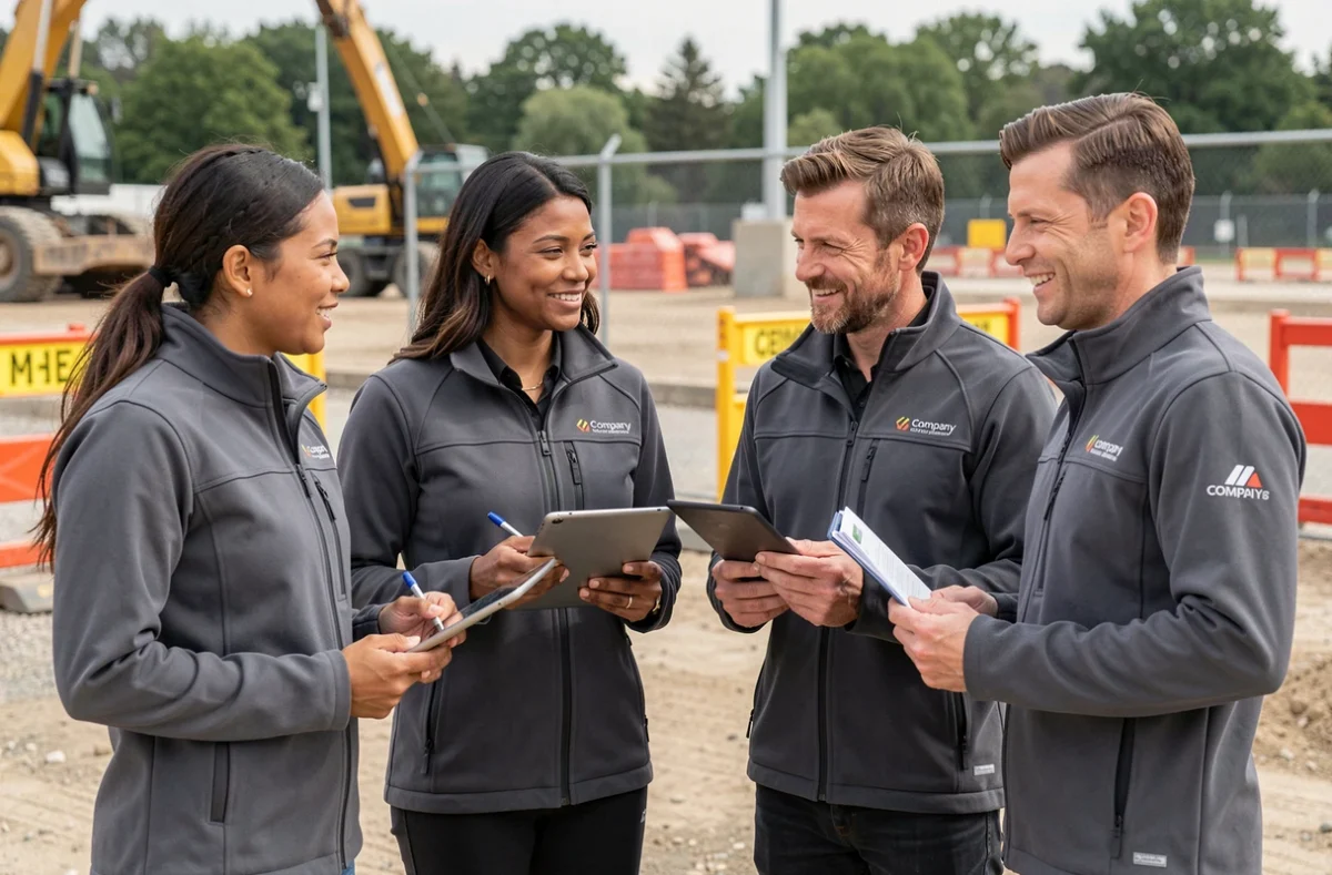 Équipe de professionnels en softshell Modyf personnalisées coordonnées sur un chantier ou site extérieur