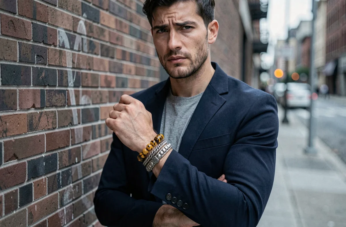 Erreur de style avec un bracelet œil du tigre mal associé à des bracelets métalliques encombrants sur un poignet masculin