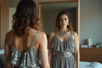 Femme hésitante en robe de soirée trop clinquante devant un miroir, illustrant les erreurs de style à éviter pour le Nouvel An