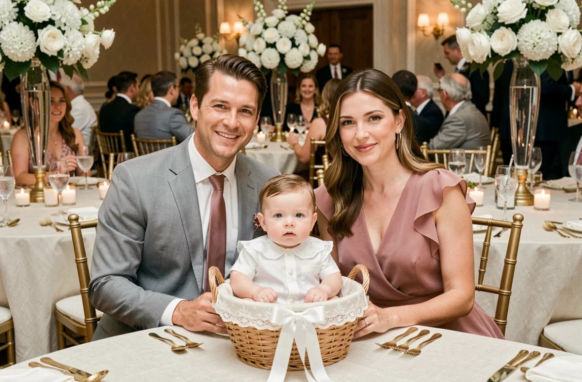 Famille coordonnée en rose poudré et gris clair à la réception de baptême, bébé en barboteuse blanche avec col en dentelle dans une salle décorée