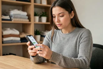 Jeune femme activant l'option Vinted Go sur son smartphone depuis son bureau à domicile
