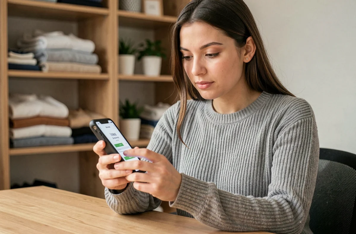 Jeune femme activant l'option Vinted Go sur son smartphone depuis son bureau à domicile