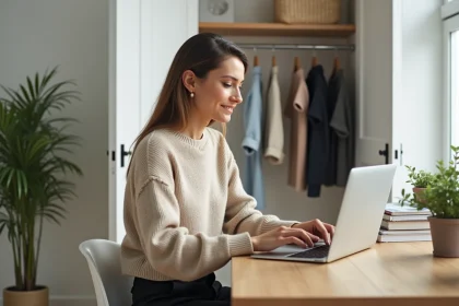 Femme utilisant une application de gestion de garde-robe sur son ordinateur portable dans un bureau minimaliste