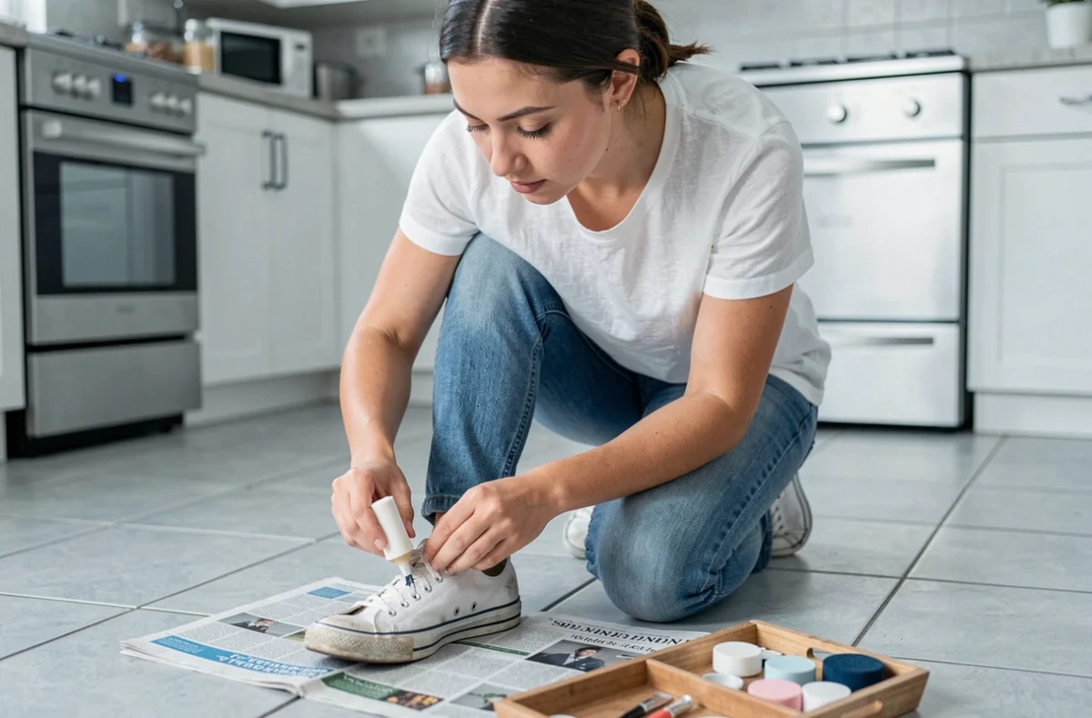 Femme appliquant de la peinture blanche sur une chaussure en toile usée avec un applicateur mousse sur un sol carrelé