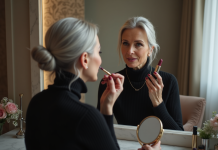 Rouge à lèvres foncé : Impact sur l’apparence et vieillissement de la peau Femme élégante appliquant un rouge à lèvres bordeaux