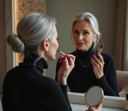 Rouge à lèvres foncé : Impact sur l’apparence et vieillissement de la peau Femme élégante appliquant un rouge à lèvres bordeaux