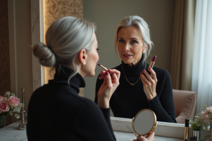 femme-argent-rouge-lipstick Femme élégante appliquant un rouge à lèvres bordeaux