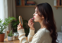 Maquillage brunes : quelle couleur de rouge à lèvres choisir ? Femme appliquant un rouge à lèvres dans un cadre cosy