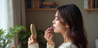 Maquillage brunes : quelle couleur de rouge à lèvres choisir ? Femme appliquant un rouge à lèvres dans un cadre cosy