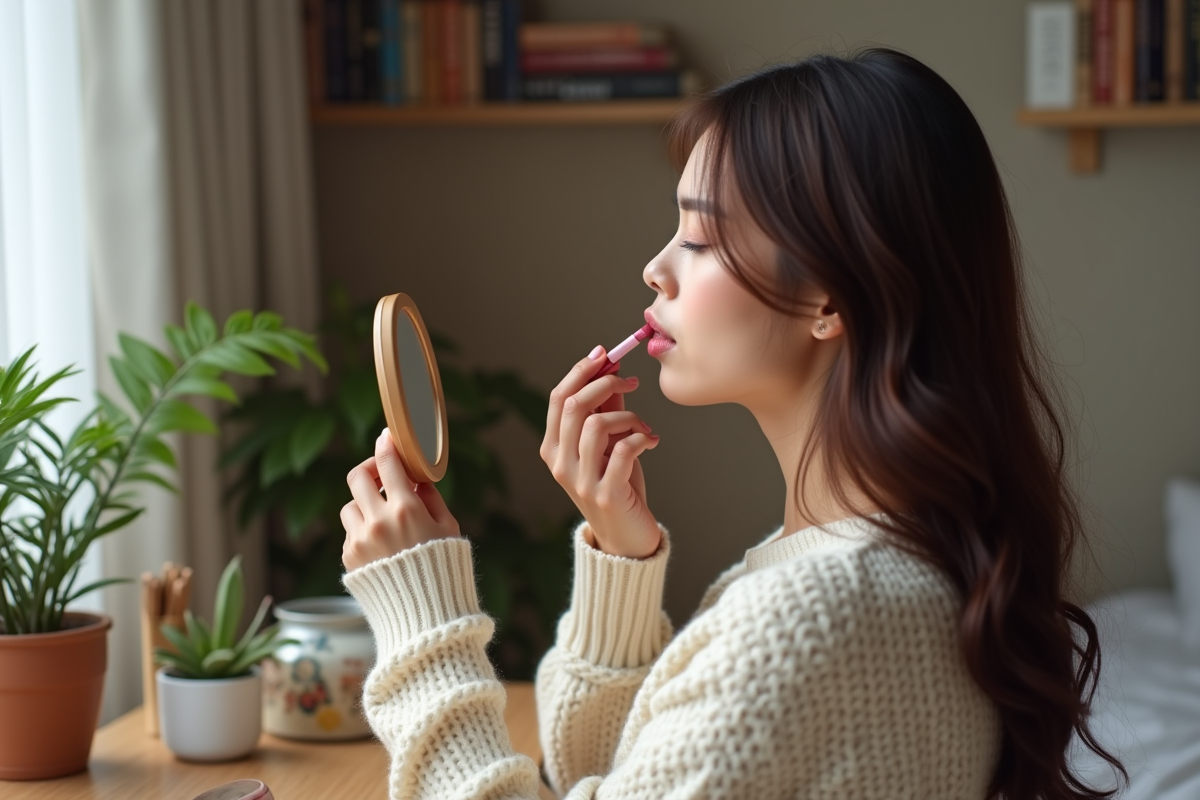 Femme appliquant un rouge à lèvres dans un cadre cosy