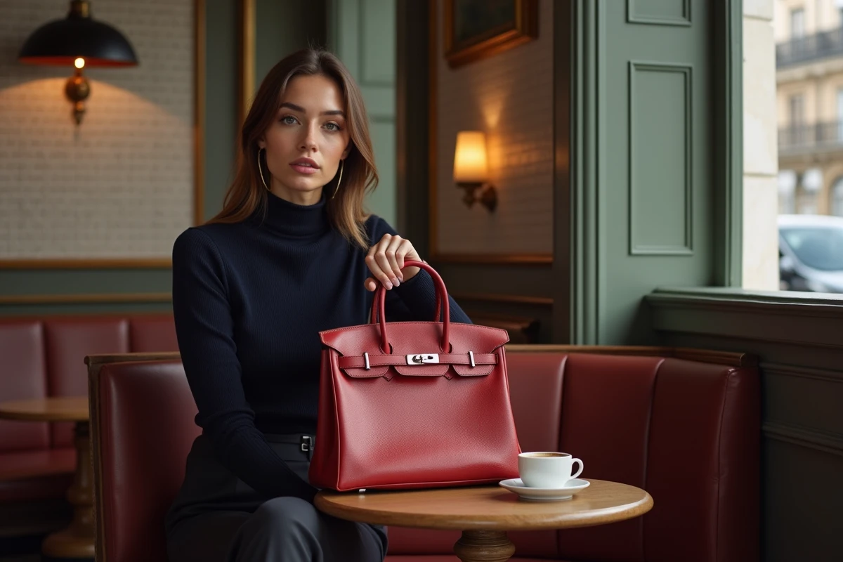 Femme assise dans un café parisien avec un sac Hermès Birkin 30 en box calf Rouge H, style quotidien chic et discret