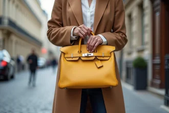 Femme élégante portant un sac Hermès Birkin 30 en cuir Togo gold dans une rue parisienne, look minimaliste et raffiné