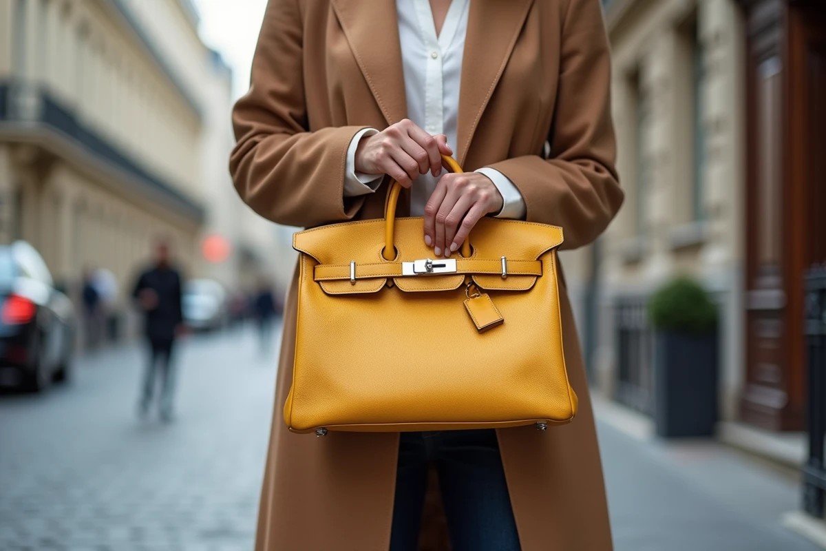 Femme élégante portant un sac Hermès Birkin 30 en cuir Togo gold dans une rue parisienne, look minimaliste et raffiné