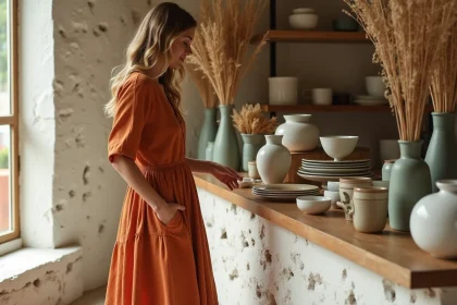 Femme élégante en robe lin terracotta découvrant des objets décoratifs artisanaux dans une boutique lifestyle chaleureuse aux murs en pierre