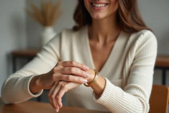 Femme portant un bracelet en or dans un intérieur cosy