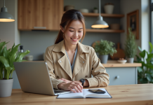 Jeune femme en trench beige utilisant un ordinateur à la maison