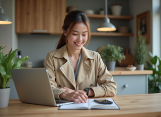 Avis sur Zalando : la référence mode en ligne pour votre shopping Jeune femme en trench beige utilisant un ordinateur à la maison
