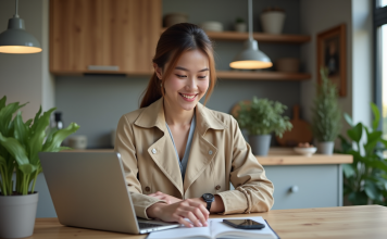 Avis sur Zalando : la référence mode en ligne pour votre shopping Jeune femme en trench beige utilisant un ordinateur à la maison