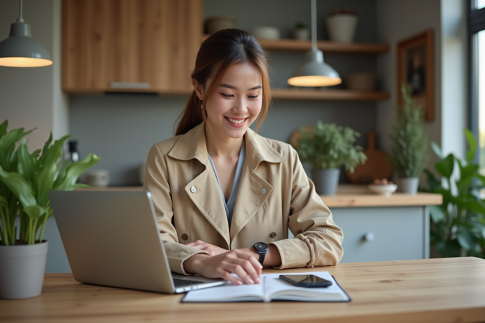 Jeune femme en trench beige utilisant un ordinateur à la maison