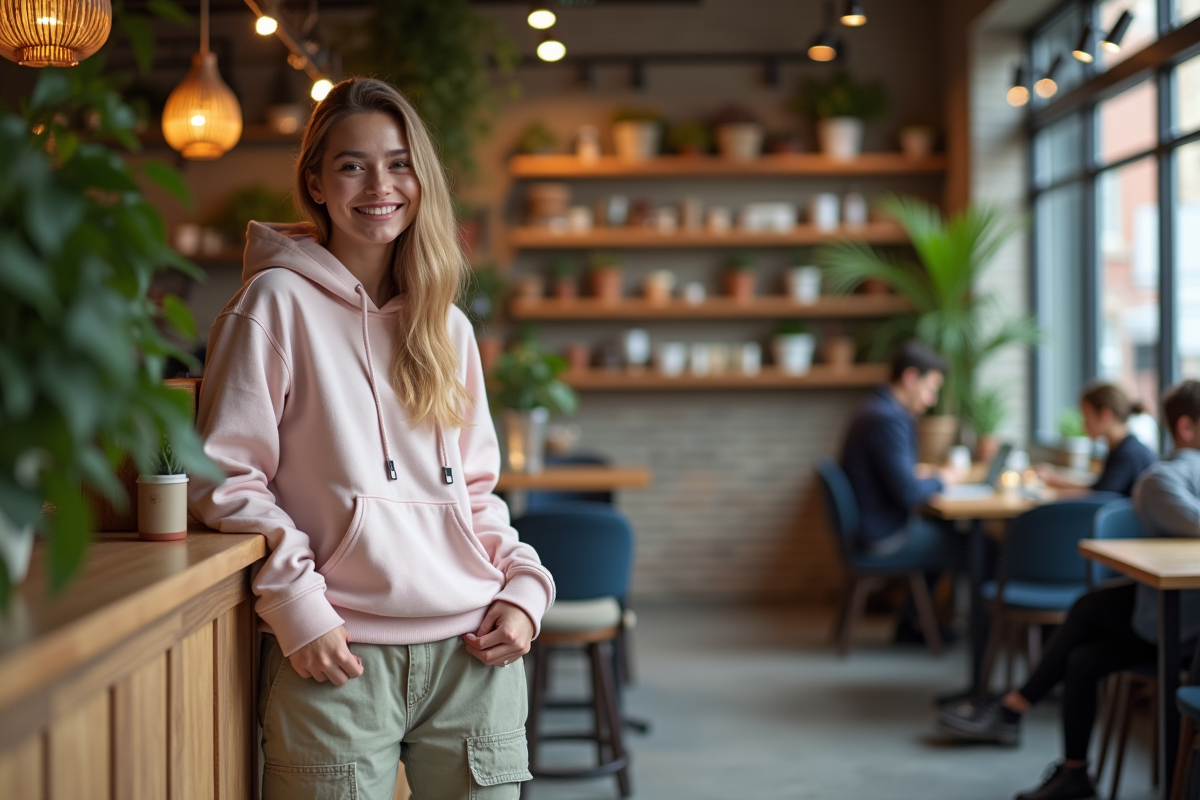 Jeune femme dans un café tendance avec tasse réutilisable