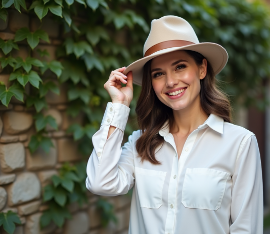 Femme portant un chapeau feutre ajusté en extérieur