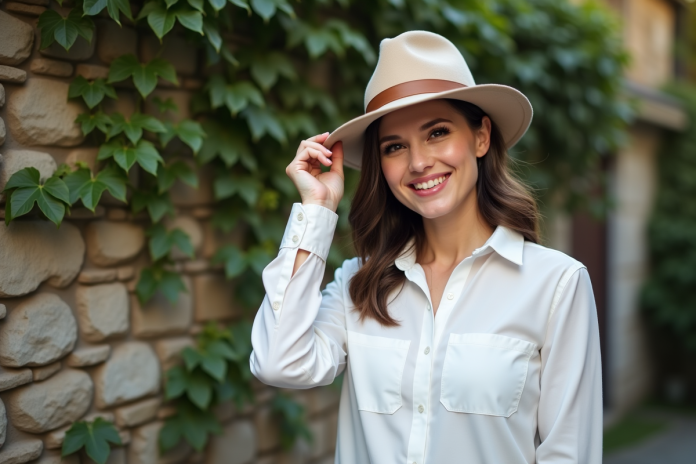 Femme portant un chapeau feutre ajusté en extérieur