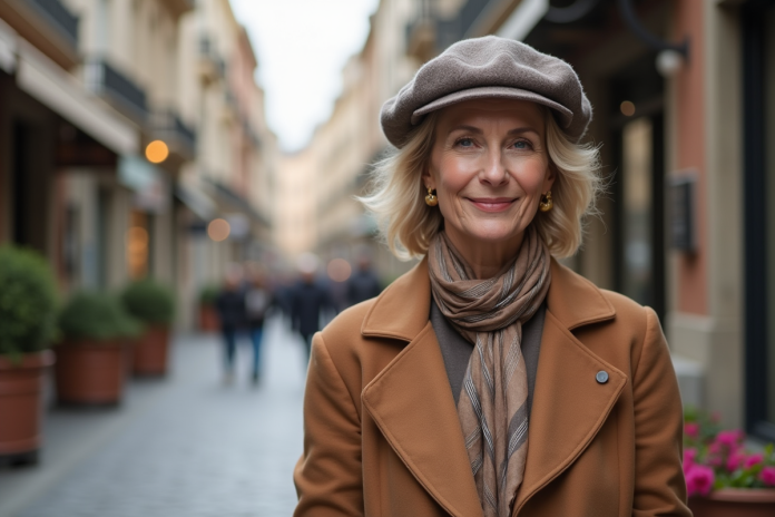 Femme élégante avec beret et manteau dans une rue urbaine
